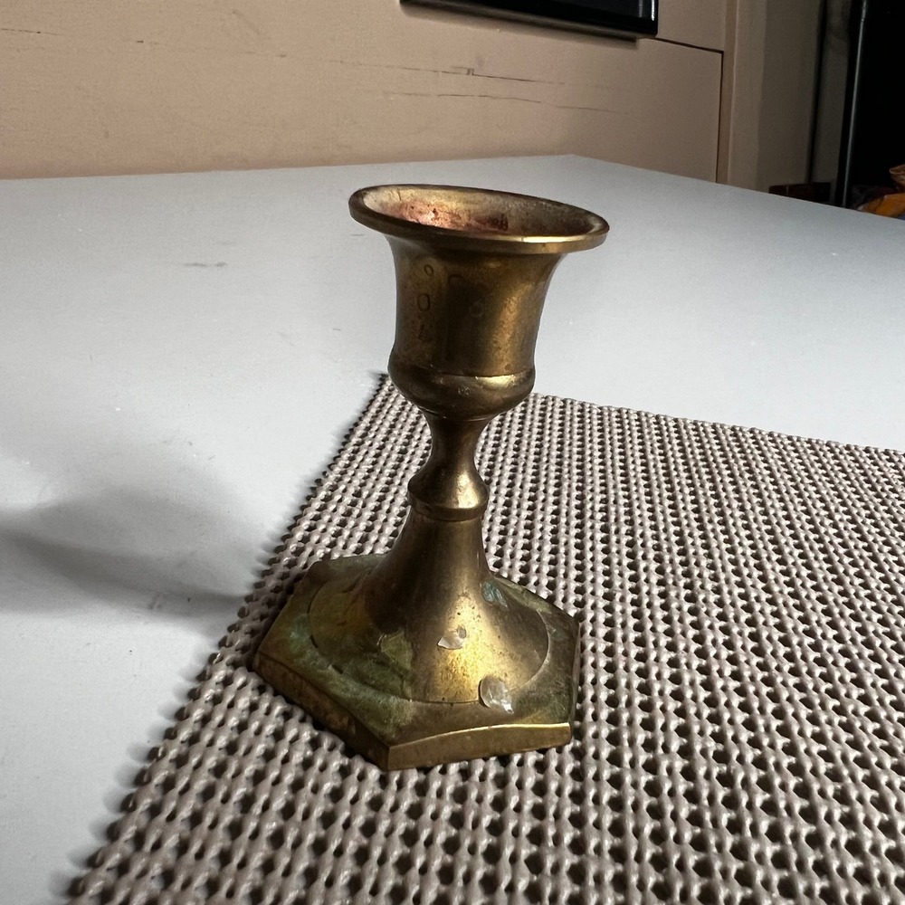 Vintage Solid Brass Candlestick Holder Hexagon Base Made in India 3.25 inch